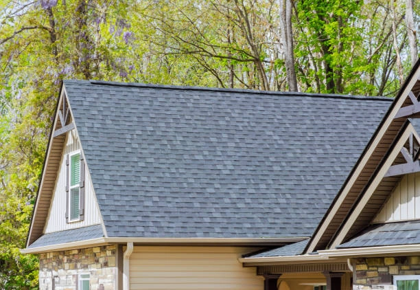 Gray shingle roof, pitched design, complements rustic house, surrounded by trees. -tile roof cost